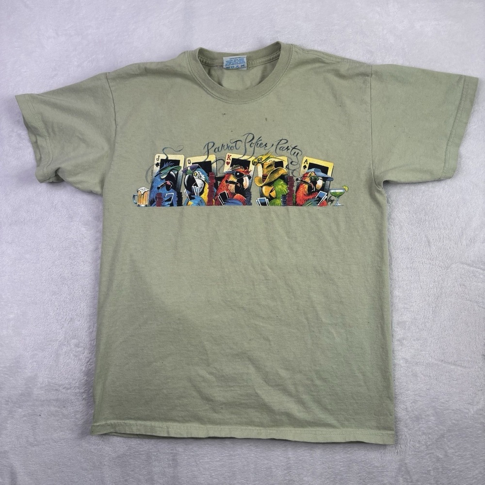VTG Caribbean Soul Parrot Poker Party Green SS Graphic Shirt Distressed Men's M